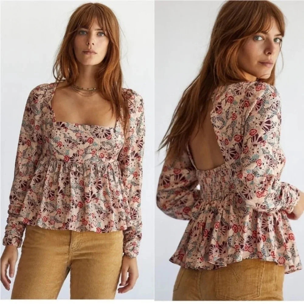 FREE PEOPLE Silent Raw Floral Cream Top Smocked Back Sz M Spring Summer Prairie